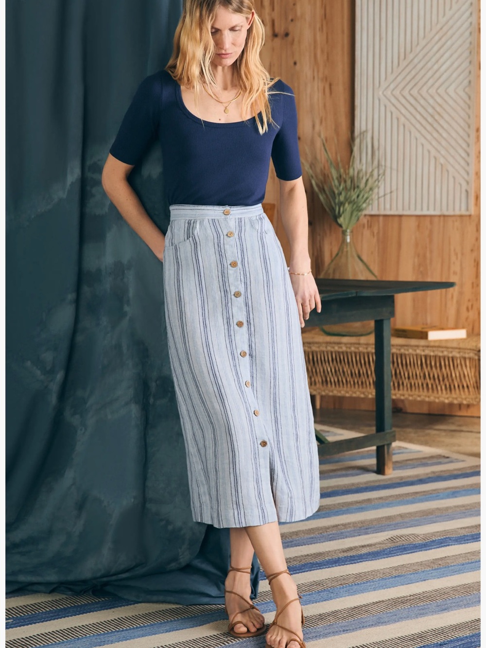 NWT Faherty La Jolla Stripe Linen Skirt, Day Lily Stripe, Small